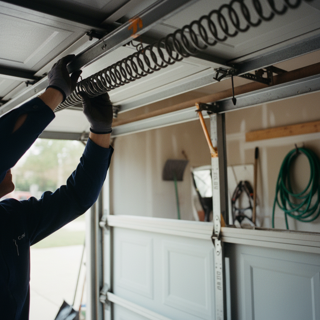 Garage door technician inspecting a torsion spring on a Madison area home